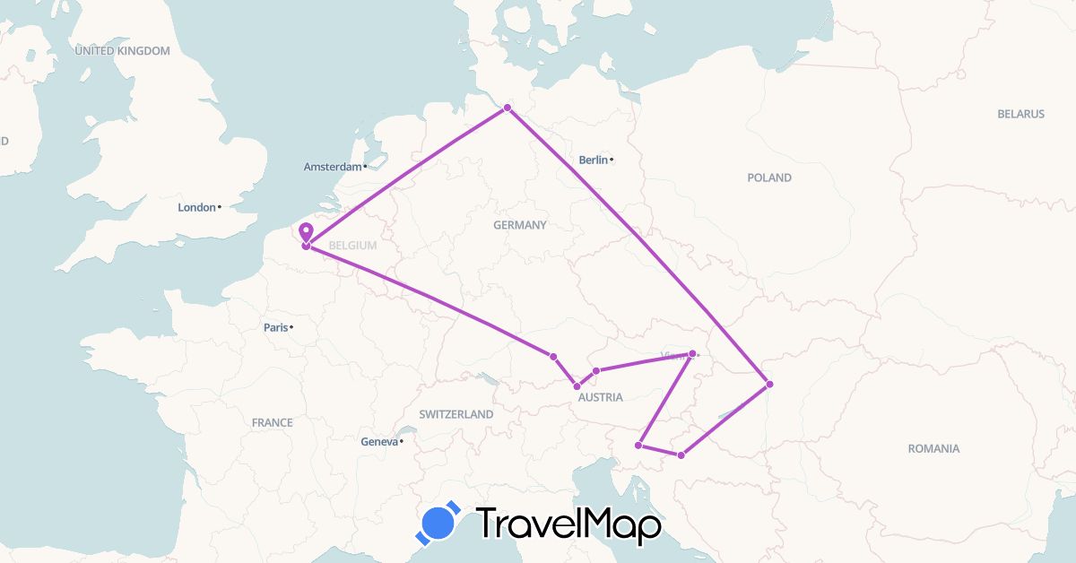 TravelMap itinerary: driving, train in Austria, Germany, France, Croatia, Hungary, Slovenia (Europe)